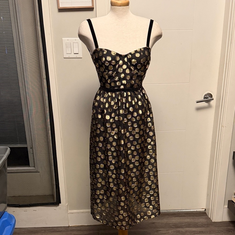 Elegant For Love & Lemons Black and Gold Polka Dot Sweetheart Lottie Dress